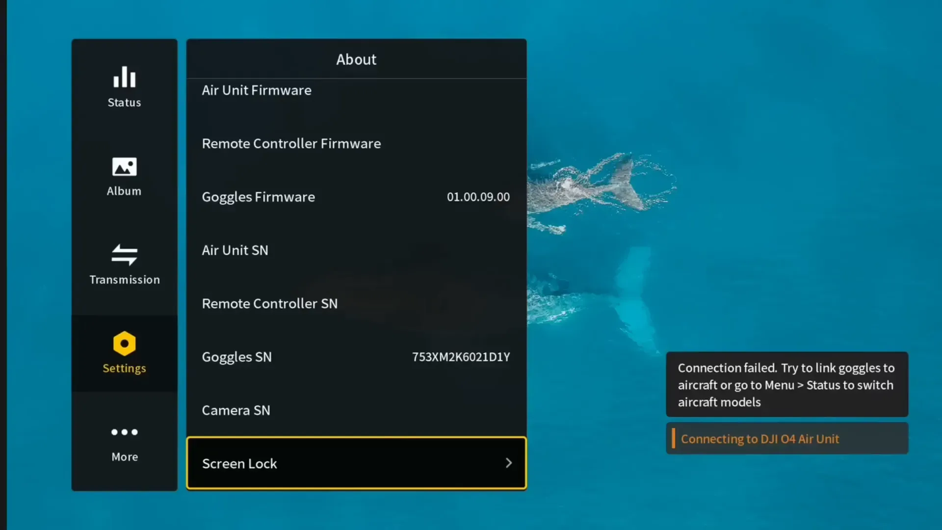 Меню настроек блокировки экрана на DJI Goggles 3