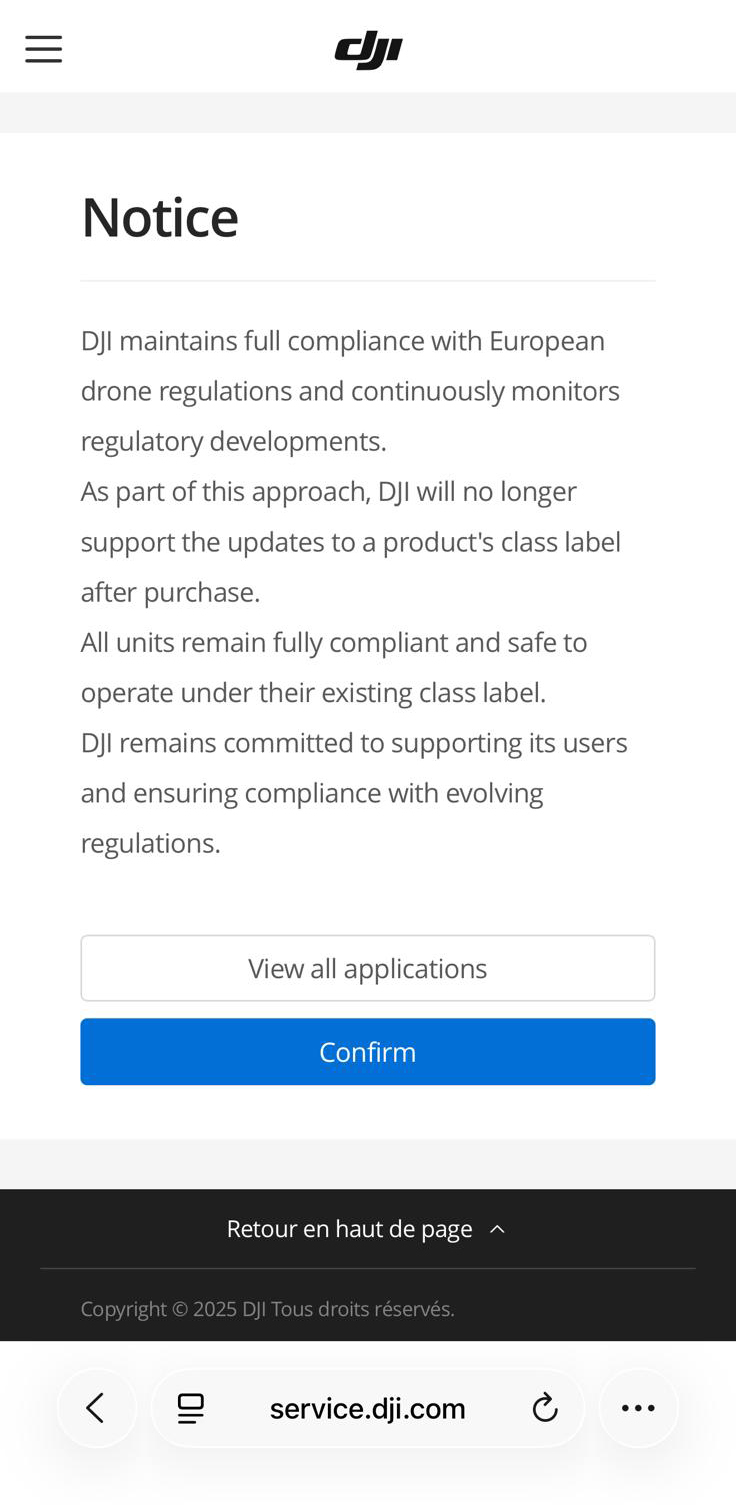 Сообщение в приложении DJI Fly о невозможности смены класса